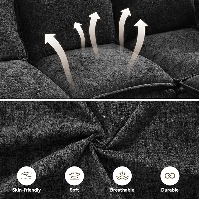 80" Cloud Modular 3 Seater Sofa with Storage, Modern Upholstered Storage Sofa Couch Deep Seat, Sectional Sofa Chenille Comfy Couch with Armrests for Living Room, Small Space, Black
