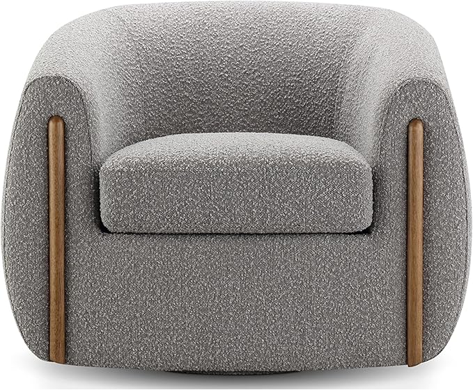 CHERS Aspen Swivel Accent Chair with Wood Accents, Bouclé Upholstered Armchair for Living Room, 360° Swivel Barrel Chair with High-Density Cozy Foam Cushioning, Modern Design, Gray