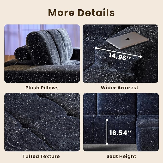 114" Glitter Cloud Sectional Couch with L-Shape Chaise, Modern Boneless Couches for Living Room, Fluffy Tufted Deep Seat Modular Sofa in a Box No Assembly