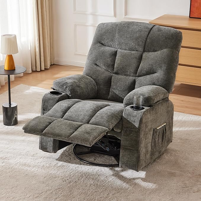 Manual 360°Swivel Rocker Recliner Chair,Single Recliner Seat with Cup Holders,Recliner Chairs for Adults, Upholstered Fabric Lazy Boy Recliner for Bedroom,Living Room,Dark Grey