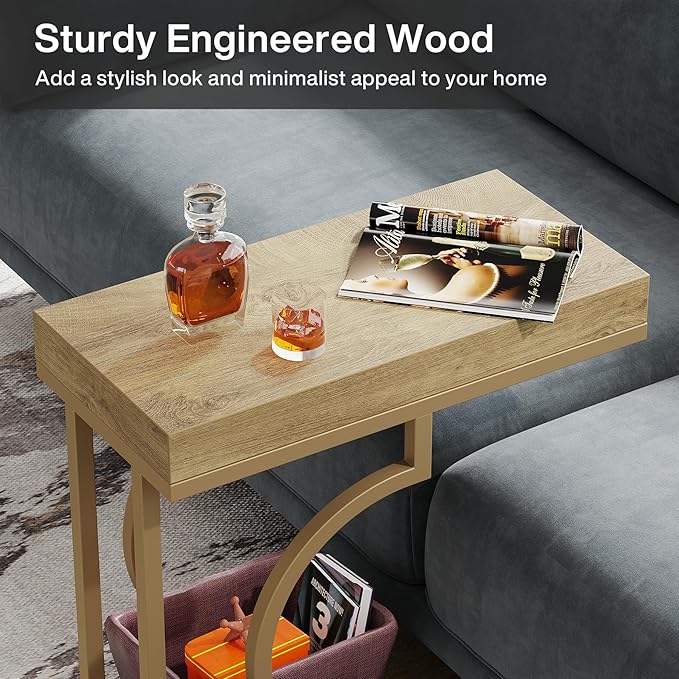 Tribesigns Narrow Side Table C Shaped End Table Modern Bedside Tables for Couch, Small Sofa Chairside Tables with Metal Frame for Living Room (1, Natural+Wood Tones)