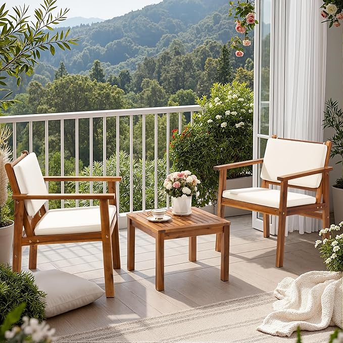 Flamaker Patio Chairs 3 Piece Acacia Wood Patio Furniture with Coffee Table & Cushions Outdoor Conversation Set Balcony Chairs for Porch, Deck, Backyard