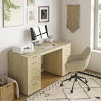 WOPITUES 60" Boho Home Office Desk with 10 Wooden Drawers, Rattan Computer Writing Desk with Power Outlets, Large Executive Desk with Storage Cabinet for Work Study Writing Craft, Natural Brown