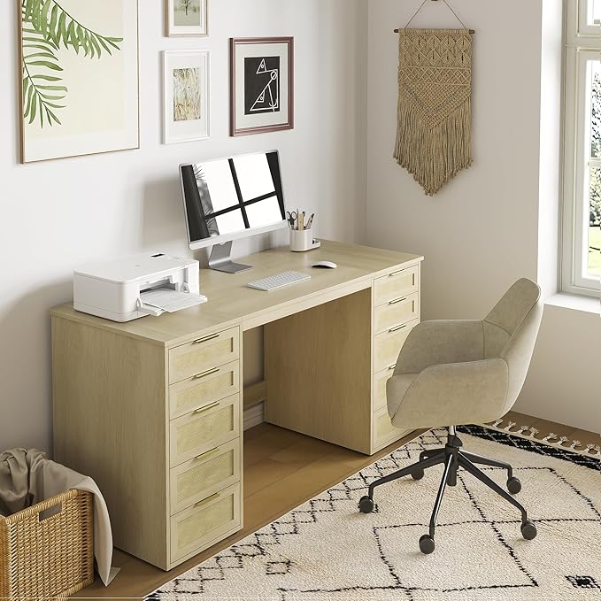 WOPITUES 60" Boho Home Office Desk with 10 Wooden Drawers, Rattan Computer Writing Desk with Power Outlets, Large Executive Desk with Storage Cabinet for Work Study Writing Craft, Natural Brown