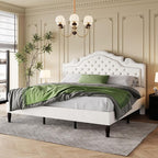 SHA CERLIN King Size Bed Frame with Adjustable Headboard/Velvet Upholstered/Diamond Button Tufted and Metal Studs/No Box Spring Needed/Sturdy Wood Slat Support/Easy Assembly/White