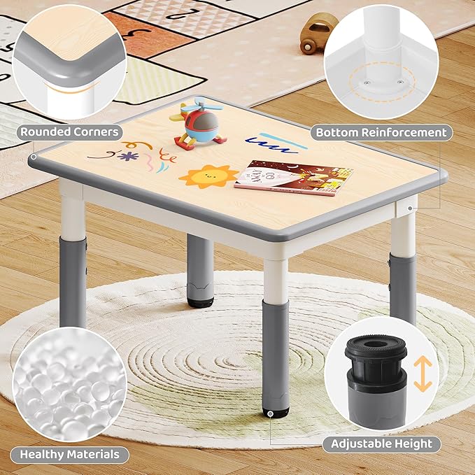 Kids Study Table and Chairs Set, Height Adjustable Toddler Table and Chair Set for Kids Ages 3-8, 31.5" L x 23.6" W Graffiti Desktop Plastic Children Art Table with 2 Seats, Grey