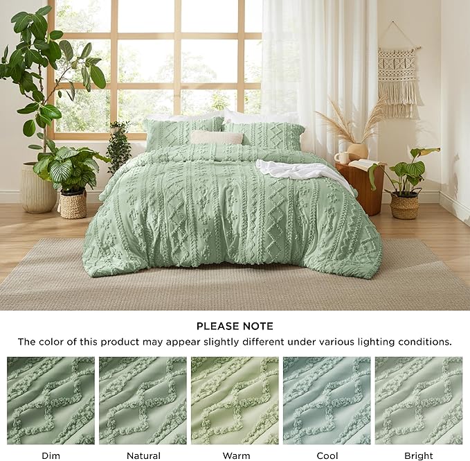 Bedsure Tufted Boho Comforter Set Twin Size - Sage Green Boho Bed Set, GentleSoft™ 2 Pieces Farmhouse Shabby Chic Embroidery Bedding, Gifts for Woman, Soft Jacquard Twin Comforter for All Seasons