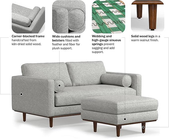 SIMPLIHOME Morrison Mid-Century Modern 72 inch Wide Sofa with Ottoman Set in Mist Grey Tightly Woven Performance Fabric for the Living Room and Family Room