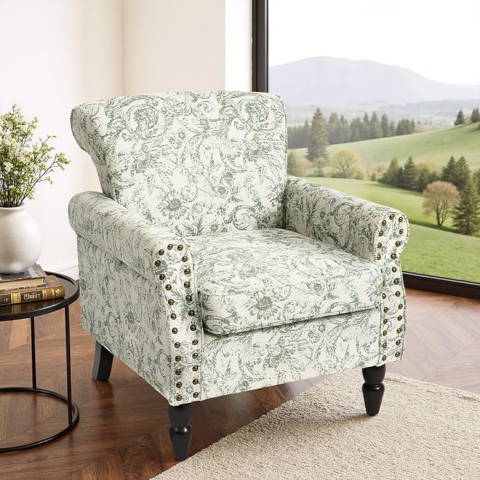 Accent Chair, Upholstered High Back Floral Armchair with Nailhead Trim & Wood Legs, Comfy Wingback Reading Single Sofa Chair for Small Spaces, Living Room, Bedroom (Rococo Green, Set of 2)