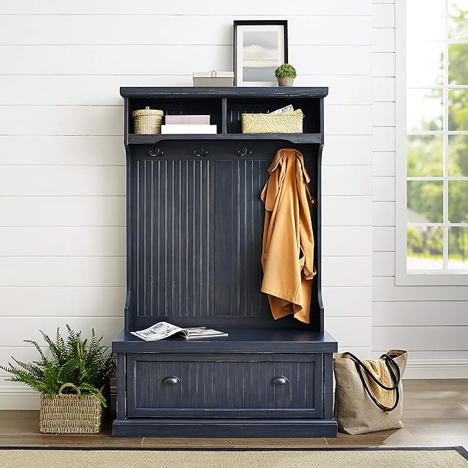 Crosley Furniture Seaside Hall Tree with Shoe Rack Bench and Coat Hooks for Hanging Storage, Distressed Navy