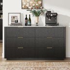 Fluted 6 Drawers Dresser with Charging Station, 55" Wide Modern Chest of Drawers with Faux Marble Top, Wooden Dresser TV Stand, Wood Drawer Organizer for Bedroom, Living Room, Hallway, Black