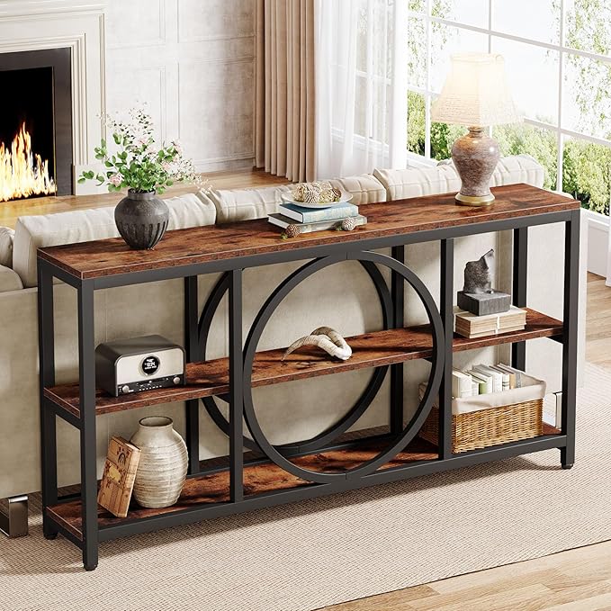 Tribesigns 70.9 Inch Extra Long Console Table for Entryway, Sofa Table Behind Couch with 3 Tier Wood Storage Shelves Industrial Metal Frame for Living Room Hallway Entryway, Brown Black