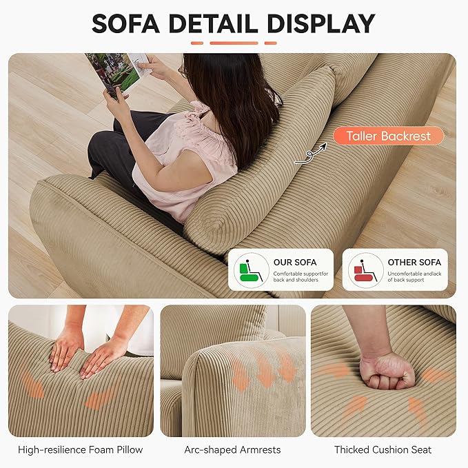 103'' Boneless Corduroy L Shaped Couch, 3 Seat Modular Sectional Deep Seat Sofa with Chaise Lounge, No Assembly Cloud Lounge Sleeper Sofa, Camel