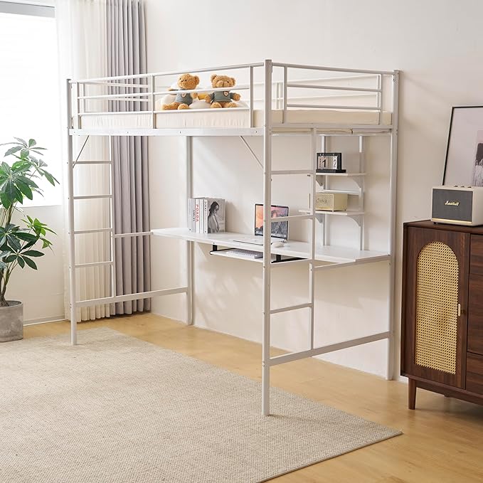 Karl home Twin Loft Bed with Desk and Storage Shelvs,Twin Bunk Bed with Desk for Kids Teens Adults, Saving Space,No Box Spring Needed, Non-Noice, White