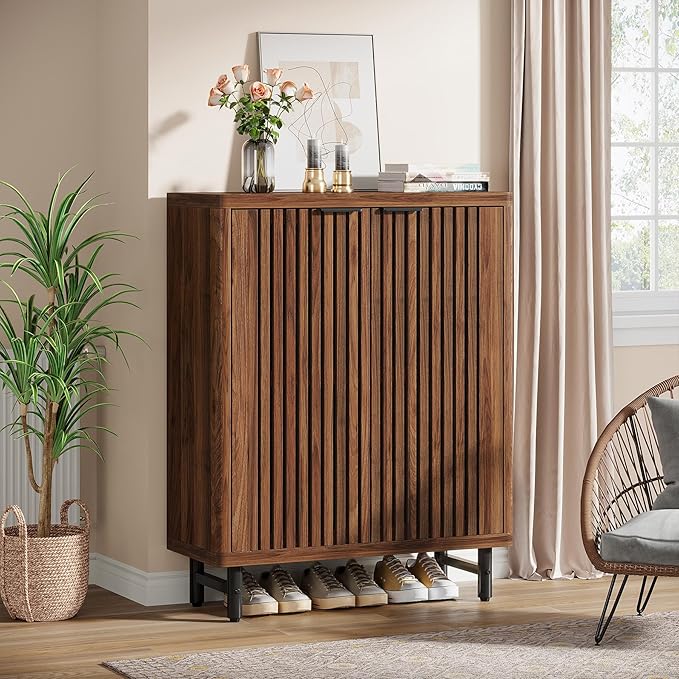 Tribesigns Shoe Cabinet with Shutter Doors, 6-Tier Entryway Shoe Cabinet with Adjustable Shelves, Wooden Modern Rack Organizer for Entryway, Hallway, Closet, Living Room, Walnut