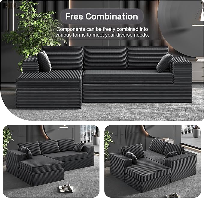 108-inch Boneless Couch for Living Room，Comfy Boneless Sofa with Deep Seats & Chaise Lounge, 3-Seat Modular Sofa Memory Foam Sectional Couches - No Assembly Required(Dark Grey)