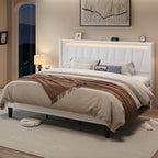 Allewie King Size LED Bed Frame with Charging Station, Velvet Upholstered Platform Bed with Geometric Wingback Headboard, Modern Frame with No Box Spring Needed, Easy Assembly, White
