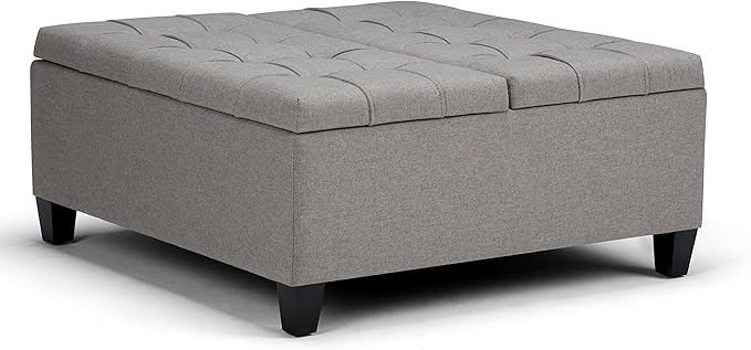 SIMPLIHOME Harrison 36 inch Wide Transitional Square Coffee Table Storage Ottoman in Dove Grey Linen Look Fabric, Assembled, for the Living Room and Bedroom