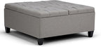 SIMPLIHOME Harrison 36 inch Wide Transitional Square Coffee Table Storage Ottoman in Dove Grey Linen Look Fabric, Assembled, for the Living Room and Bedroom