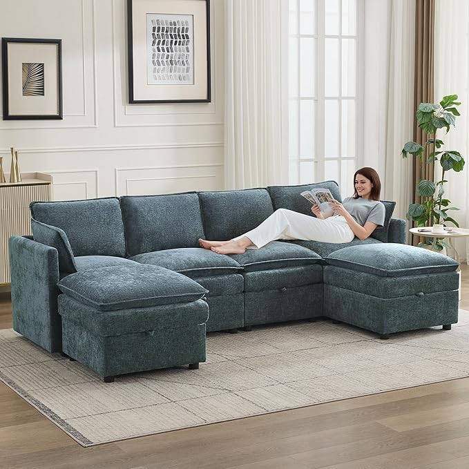 105" Cloud Modular 4 Seater Sofa with 2 Storage Ottoman, Modern Upholstered Sofa Storage Sofa Couch Deep Seat, U Shape Sectional Sofa Chenille Comfy Couch with Armrests for Living Room, Blue