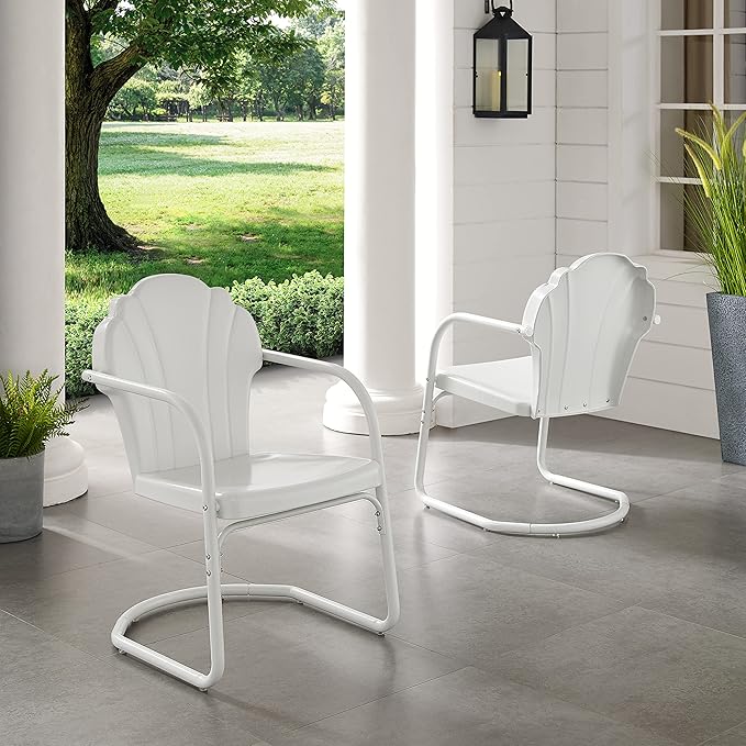Crosley Furniture Tulip 2-Piece Outdoor Chair Set, Retro Metal Patio Chairs for Dining, Porch, Deck, Balcony, White Satin