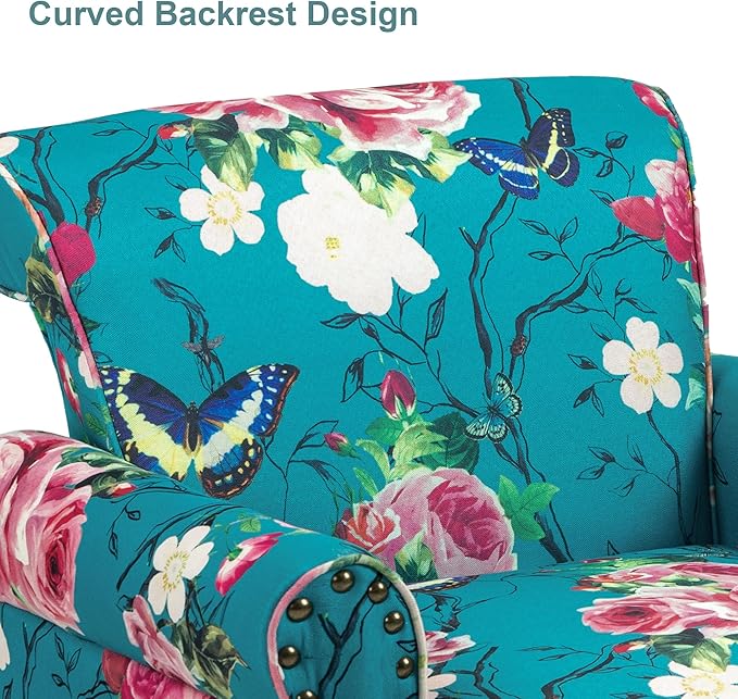 Accent Chair, Upholstered High Back Floral Armchair with Nailhead Trim & Wood Legs, Comfy Wingback Reading Single Sofa Chair for Small Spaces, Living Room, Bedroom (Blue Floral, Set of 2)