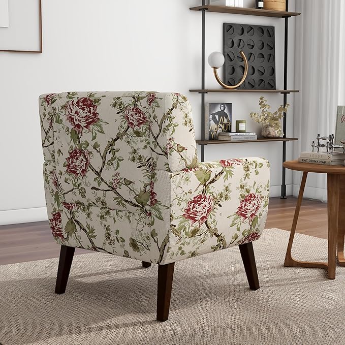 Accent Chair, Modern Linen Blend Arm Chair for Living Room, Bedroom, Comfy High-Resilient Sponge Reading Chair for Small Spaces (Pattern Red Floral, Set of 2)