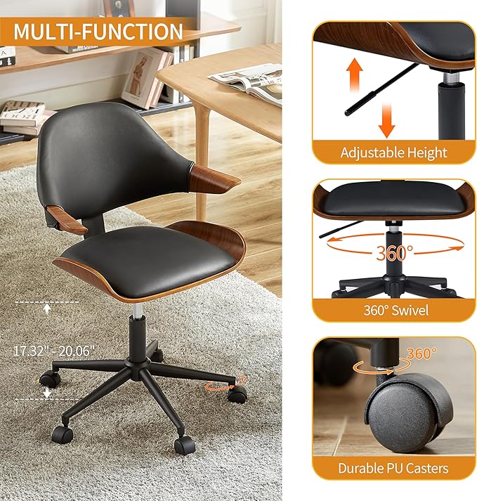 Art Leon Swivel Desk Chair, Mid Century Modern Office Chair with Wheels, Faux Leather Upholstered Arm Chair, Adjustable Height Task Chair with Metal Base, Black