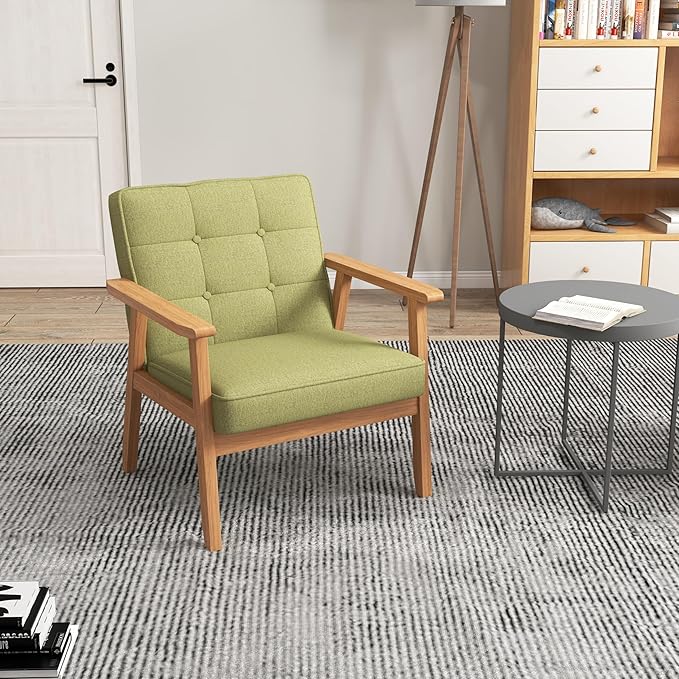 KCC Mid-Century Modern Linen Fabric Accent Chair Set of 2, Upholstered Tufted Leisure Chair Comfy Reading Side Chair with Armrest and Solid Wood Frame for Living Room Bedroom Balcony(Green)