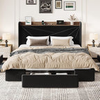 SHA CERLIN King Size Bed Frame with 3 Drawers, USB & Type-C Charging Ports, Velvet Upholstered Platform Bed with Modern Geometric Wingback Storage Headboard, No Box Spring Needed, Easy Assembly, Black