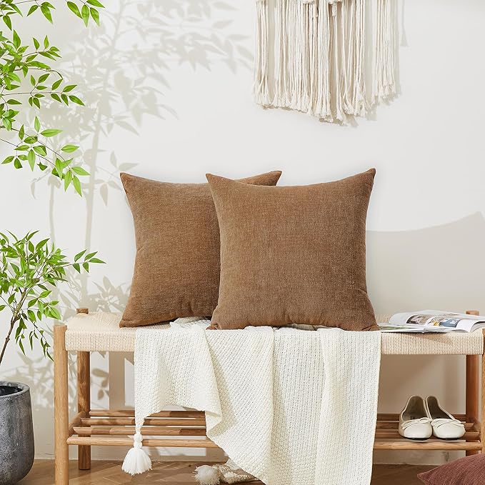 GAWAMAY Decorative Square Throw Pillow Covers 20"x20" Inch Set of 2, Super Soft Chenille Pillows Farmhouse Fall Pillowcase for Living Room Bedroom Sofa Couch Cushion Cover Brown 50x50cm (No Inserts)