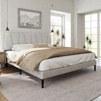 King Size Bed Frame with Fabric Upholstered Headboard, Platform Bed with Wooden Slats Support, Fully Mattress Foundation, Box Spring Optional, Easy Assembly