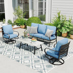 Sophia & William Patio Furniture Sets 5 Seats Outdoor Metal Conversation Sets 4 Pcs with 2 x Cushioned Swivel Sofa Chairs,1 x 3-Seat Sofa, 1x Marbling Metal Coffee Table Lawn Backyard Poolside Blue