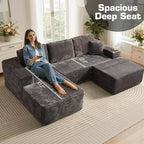 106" Cloud Sectional Couch with L-Shape Chaise & Ottoman, No Assembly Modular Sofa, Deep Seat Plush Corduroy Boneless Couched for Living Room (Gray Plush Corduroy, Left Facing Chaise with Ottoman)