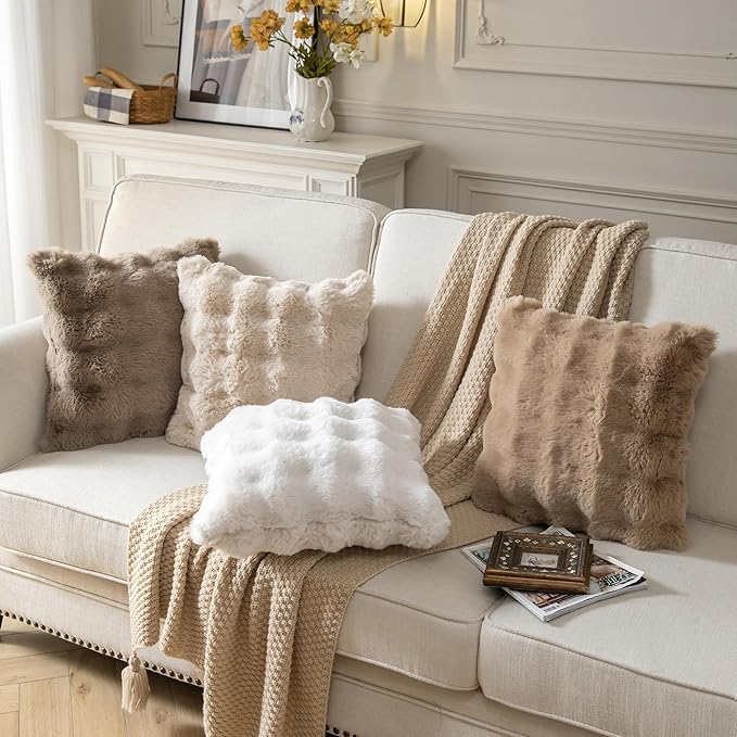 Pack of 2 Thick Plush Throw Pillow Covers Fluffy Wave Faux Fur Decorative Cushion Covers Soft Wool Pillowcase for Sofa Couch Livingroom 18x18 Inch White