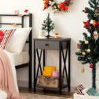 VECELO Tall Nightstand Set of 2,27.6 inch Wooden End Table with Metal X-Frame,Side Table with Drawer and Storage Shelf for Living Room Bedroom Entryway Small Spaces