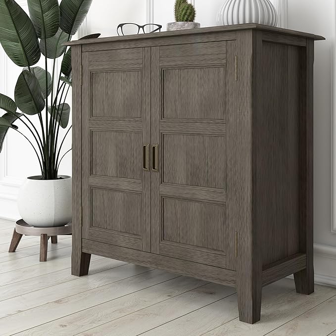 SIMPLIHOME Burlington SOLID WOOD 30 inch Wide Transitional Low Storage Cabinet in Farmhouse Grey for the Living Room, Entryway and Family Room