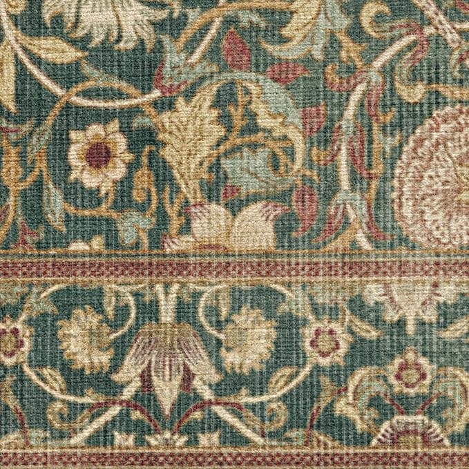 RUGGABLE x Morris & Co Machine Washable Christmas Runner Rug–Lodden Soft Evergreen & Gold 2.5x12, Stain-Resistant, Non-Slip–Washable Rug for Hallway, Entryway, Living Room & Kitchen–with Standard Pad