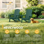 nevilywood Folding Adirondack Chair - Extended Ergonomic Backrest, Cup Holder - Easy Assembly - Durable HDPE Plastic, Weather Resistant & Maintenance-Free - Lawn, Patio, Deck Supports 380lbs,Green