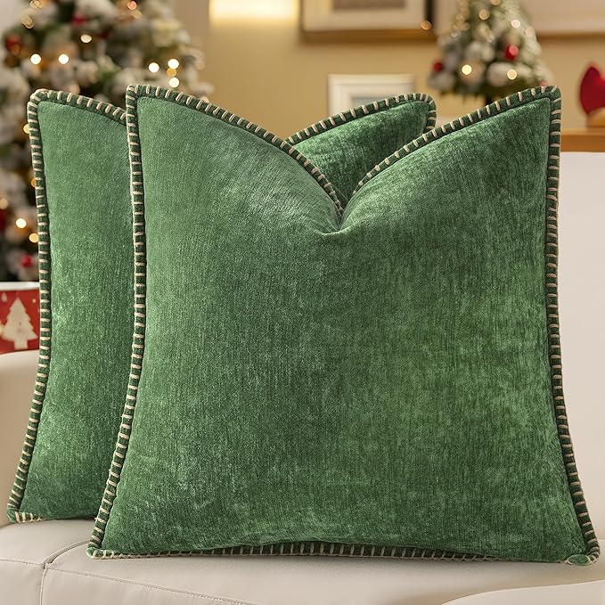 decorUhome Christmas Chenille Soft Throw Pillow Covers 20x20 Set of 2, Farmhouse Velvet Neutral Decorative Euro Fall Pillow Covers with Stitched Edge for Couch Sofa Bed Home Decor, Forest Elf