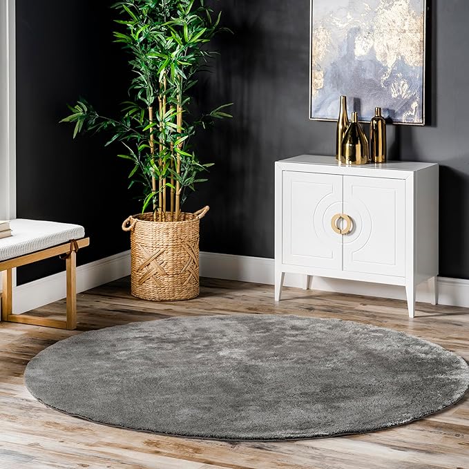 nuLOOM 6' Round Cozy Plush SuperiorWash Area Rug, Machine Washable, Non-Slip, Soft Fluffy Shag Carpet for Living Room Bedroom Kids Room Nursery Home Decor, Loni Grey