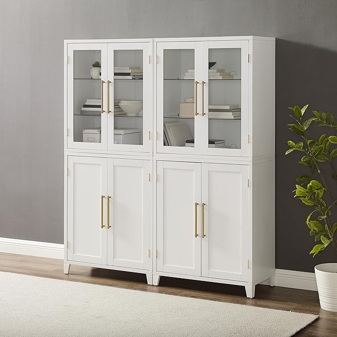 Crosley Furniture Roarke 2-Piece Glass Door China Hutch Kitchen Pantry Storage Cabinet Set, Dining Room, White