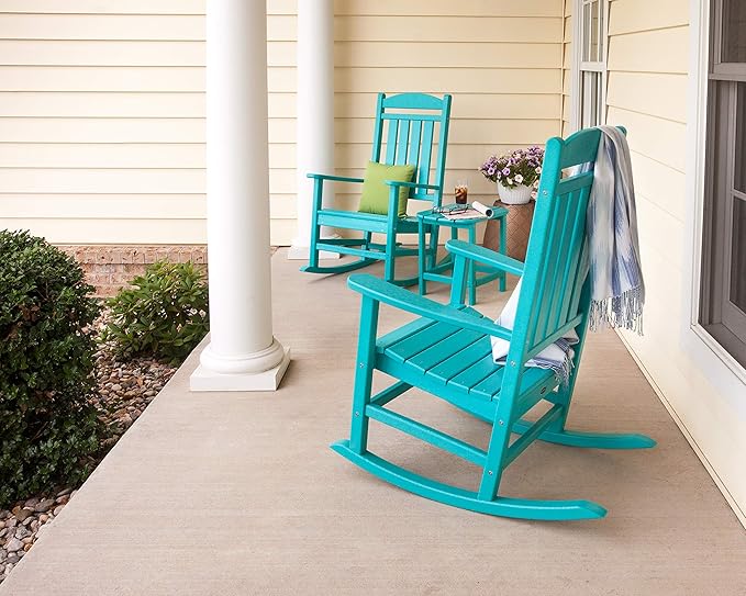 POLYWOOD Presidential 3-Piece Rocking Chair Set, Outdoor Patio Furniture, HDPE All-Weather Rockers with Side Table, Fade-Proof, Black