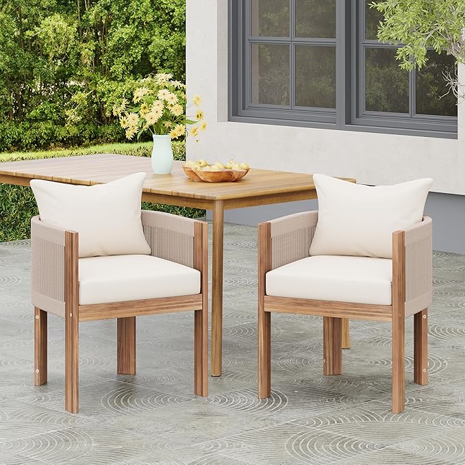 Christopher Knight Home Matera Dining Chair Set of 2, Acacia Wood Outdoor Accent Chair, Farmhouse Patio Kitchen Side Chair, Comfy Reading Chair, Round Backrest and Water Resistant Cushion,Teak+ Beige
