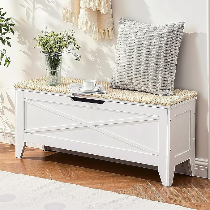 VECELO 43.3" Storage Bench, Entryway Shoe Ottoman, Farmhouse Style Bench with Handwoven Cushion and Metal Safety Hinges, for Bedroom, Living Room, Entryway, White
