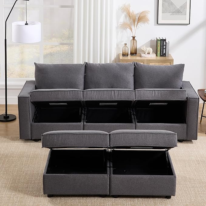 90 Inches Cloud Modular Sectional Sofa, U Shaped Linen Couch with Reversible Chaise, 3 Seater Convertible Comfortable Sofa Couch for Living Room/Apartment, Grey