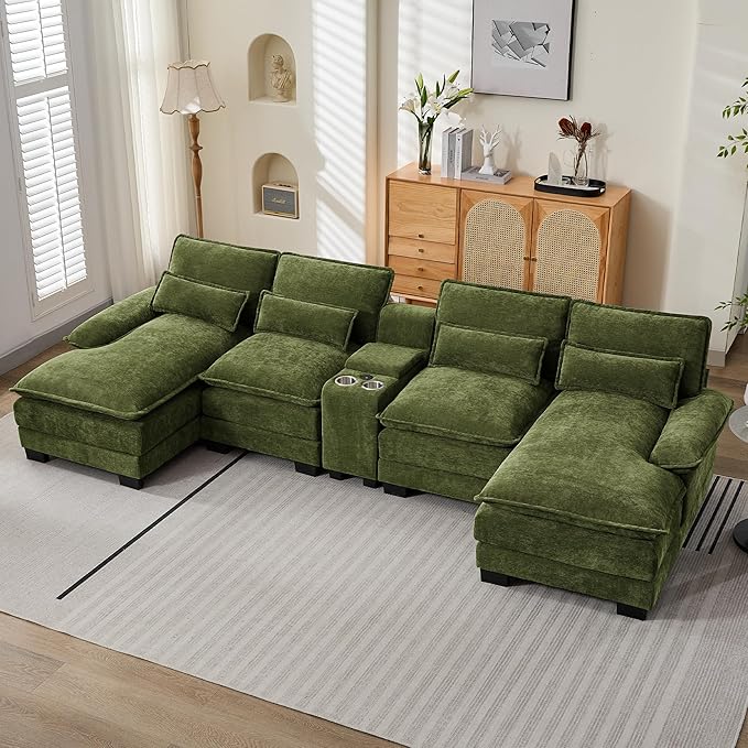 U Shaped Sectional Sofa with Storage Console, Cup Holders & USB Ports, Small Modular Cloud Couch with Deep Seats, Modern Comfy Living Room Sofa for Apartment, Chenille Green