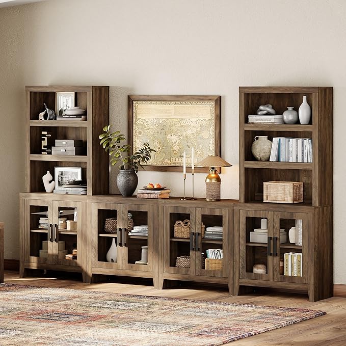 WAMPAT Farmhouse Entertainment Center with Bookshelves, 4-Piece Modular TV Stand with Storage Towers, Glass Doors, Open Shelves, Media Console for Living Room, Home Theater, Brown