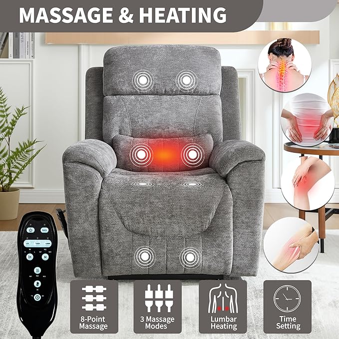 Power Lift Recliner Chair for Elderly People, Dual Motor Lay Flat Recliner with Vibration Massage and Heat, Heavy Duty Motion Mechanism Standing Assistance Reclining Chair, Chenille Fabric Dark Gray