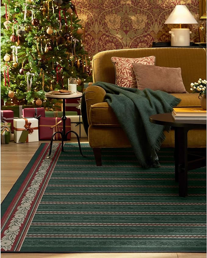 RUGGABLE x Morris & Co Machine Washable Christmas Area Rug– Fruit Stripe Spruce Green 3x5, Stain-Resistant, Non-Slip–Small Rugs for Living Room, Bedroom, Hallway, Entryway & Office–with Cushioned Pad